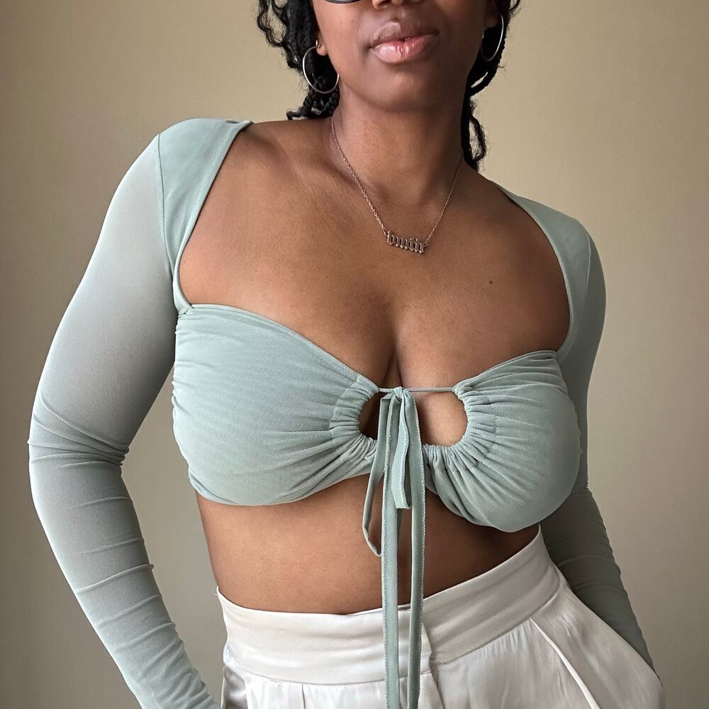 Zara Sage Green Mesh Long Sleeve Crop Top Size Large